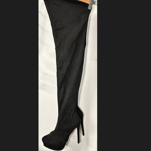 s8| Miss Lola | Black Faux Suede Thigh-High Stiletto Boots 🖤👢✨ - Picture 1 of 11